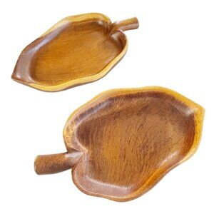 Vintage Monkey Pod Taro Leaf Bowl 10"x6" Made in Hawaii Set of 2
